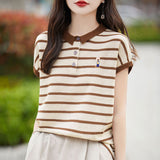 Fongt Polo Collar Short-Sleeved T-Shirt Women's 2025 New Fine-Spinning Wool Embroidered Age-Down Knitted Vest Top