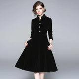 Women Autumn & Winter Elegant Velvet Dress Festa High Quality Vintage Party Robe Femme A-Line Designer Black