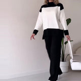 Fongt Autumn New Fashion Splicing Color Blouse Loose Wide Leg Trousers Set Women