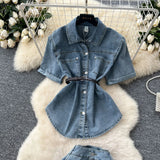 Fongt Light-Cooked Wind Strap To Close Waist Short-Sleeved Cowboy Topess Female High-Waisted Fork Hip Skirt Summer Two-Sleeve