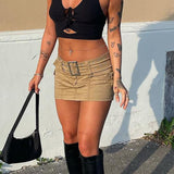 Low Waist Micro Skirts Summer Clubwear Bottoms Sexy Basic Belted Mini Skirt Streetwear Pockets White Denim