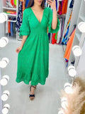 Fashion V Collar Horn Sleeves Cotton Lep Cotton Leprosy Dress