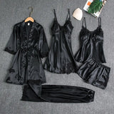Large-Size Pyjamas Women's Ice Silk Sexy Hot Home Clothes Spring And Autumn Long-Sleeved Thin Bathrobe Five-Piece