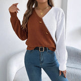Fongt Shooting 2025 Autumn And Winter Casual V-Neck Button Bump Color Lantern Sleeve Sweater