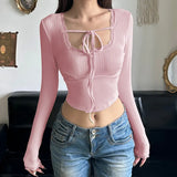 French Maiden Style Square Collar Bow Tie T-Shirt Sexy Short Navel Long-Sleeved Blouse-Outfit