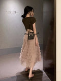 Pink Sweet Midi Skirt Women Korean Style Fluffy Elegant Cake Skirt Female High Waist Ruffle Casual Holiday Skirt