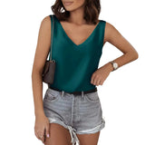 Solid Color Satin Vest V-Collar Casual Sling Sleeveless Shirt Summer Basic Style-Outfit