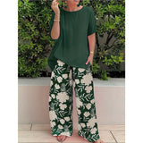 Fongt Plus Code Lady Two-Set Set Of Stylish Short-Sleeved Round Collar Top Wide Leg Trousers Print Casual Dress
