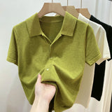 Fongt Beauty Solid Color Thin Polo Lapel Sweater Female Summer New Small Short-Sleeved T-Shirt Cardigan-Outfit