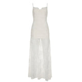 Fongt Sexy Lace Splicing Chest-Shaped Folding Sling Dress With Hottie Open Fork Mesh Dress
