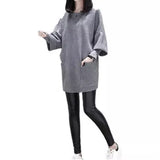 Fongt Autumn / Winter New Plus Size Women's Fat MM Loose Splicing Long Sleeve Coat Long Solid Color Top Round Collar