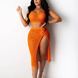 Mesh Two Piece Set Women Summer Sexy Sleeeveless Crop Tops Side Split Midi Skirts Set See Through Beach Party