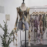 Fongt Retro Oil Painting Wind Dyed Lotus Leaf Side Sling T-Shirts Long Sleeves Drifting Coat 2658