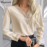 Lace Crochet Satin Silk Chiffon Shirt Women Long Sleeve Woman Blouses Tops V Neck Solid Embroidery Shirts Blusas