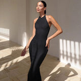 Fongt Summer New Knitted Neck Sleeveless Long Dress Solid Color Tight Sexy Bare Back Dress Woman