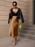 2024 New Women's Satin Slim Skirt Satin Solid Color Medium-Long Buttocks Fishtail Skirt-Outfit