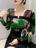 New Arrival Autumn TShirt Women Patched Mesh Square Collar Full Sleeve High Stretch Slim T-shirts Tops-Outfit