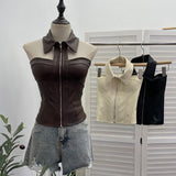 Fongt Shot With Chest Pad Hanging Neck Sling Vest Babes Design Pu Skin Tight Short Sleeveless Top Woman 1359