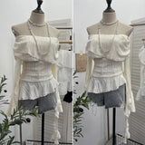 Fongt Ballet Style Shoulder Fold Texture Texture Coat Irregularly Ribbon Horn Sleeve Short Shirt 1158