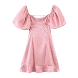 Women Jacquard Leopard Pink Satin Mini Dress Sexy Elastic Short Lantern sleeve Cross Lacing up Back Backless Party