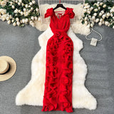Fongt High-End High-End Light Luxury Small Frills Fold Three-Dimensional Lotus Leaf Side Of The Long Temperament Dress Woman