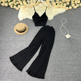 Fongt Suit Female Feel V-Neck Kink Sling Vest Two-Piece High Waist Slim Pleated Wide Leg Trousers-Outfit