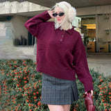 Fongt College Polo Collar Solid Color Loose Sweater Soft Tones Softly Wear Knitted Skin Fabric Tops