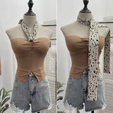 Fongt Shot Leopard-Print Silk Scarf Hanging Neck Design Folded Bra Strap Chest Pad Vest Short Sleeveless Top Lady 9206