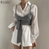 Women Fashion OL Two Piece Set Shirt 2022 Spring Belted Lace Up Blouse Casual Solid Puff Sleeve Lapel