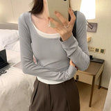 Tight Bottomed Shirt Women's Autumn And Winter New Fake Two Shoulder Long-Sleeved T-Shirts With Short