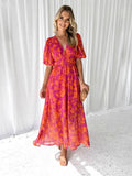 Fongt Summer Print V-Neck Sexy Bohemian Bubble Sleeve Holiday Beach Dress