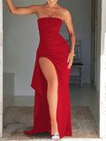 Fongt New Evening Dress Party Woman's Word Collar T-Shirt Sexy Bare Back High Open Fork Dress
