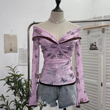 Fongt Oil Painting Print Collar A Word Twisted Folded Short-Sleeved Trumpet Blouse 9907