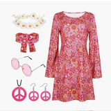 Fongt Halloween 70S Hippie Disco Festive Dress Turban + Print Dress Two-Piece