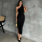 Fongt Summer New Oblique Shoulder Solid Color Open Slit Sleeveless Sexy Temperament Slim Dress