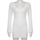 Basic Solid V-Neck Dress Korean Style Sexy Slim Long Flare Sleeve Mini Dresses For Women 2021 Elegant Fashion