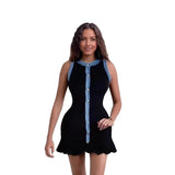 Fongt Women's Explosive Cowboy Tuxedar Side Knitted Short-Sleeved Vest Skirt