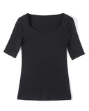 Half Sleeve T Shirt Women Spring Summer Black Tee Shirts V Neck Tops Femme Stretchy T-Shirts-Outfit