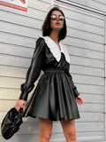 Patchwork Women Leather Dress With Peter Pan Collar High Waist Autumn Winter Dress Elegant Ladies Black Dress