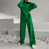Fongt New Hot Pure Color Knitted Jacket High-Collar Sweater Set Loose Top + Pants Women