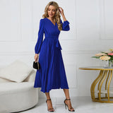 Fongt Thin Women's New Long-Sleeved Slim 100-Folded Belt V-Neck Dress A-Dress