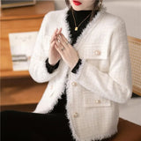 Fongt Autumn And Winter Small Jacket V Collar Plaid Mink Velvet Cardigan French Temperament Small Fragrant Wind Short Coat Female-Outfit