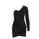 Fongt Fall 2024 New Sexy Single Shoulder Long Sleeves Fold-Inflash-Bag Dress