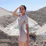 Women Sexy Tassel Lace Mini Dress Hollow Out Mesh Bodycon Dresses 2021 Summer Night Club Party Flocking Fairy Core Fall