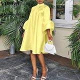 Elegant Cocktail Party Dress 2022 VONDA Summer Sundress Holiday Summer Stand Collar Vestido Oversized Robe