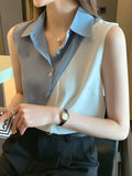 Women Shirts V-Neck Chiffon Button Up Shirt Sleeveless Patchwork Womens Top Fashion Clothes Woman 2023 Basic Ladies