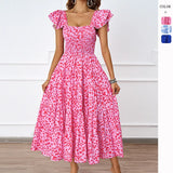 Fongt Summer Women's Casual Square Collar Print Folded Lotus Leaf Sleeve Dress Flowing Bohemian