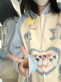 Sky Blue Cotton Zipper Hoodie Jackets Kitten Cats Cute Y2K Print Sweatshirt Coat Loose Oversized Korean Kawaii