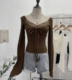 Fongt Shooting Merard Wind Strapted Bow Splicing Lace Pure Desire Blouse Folding Body Short Blouse 6015