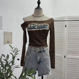 Fongt Girls Letter Sticker Leopard Long-Sleeved T-Shirt 2025 Autumn New Thin Short Top 1112